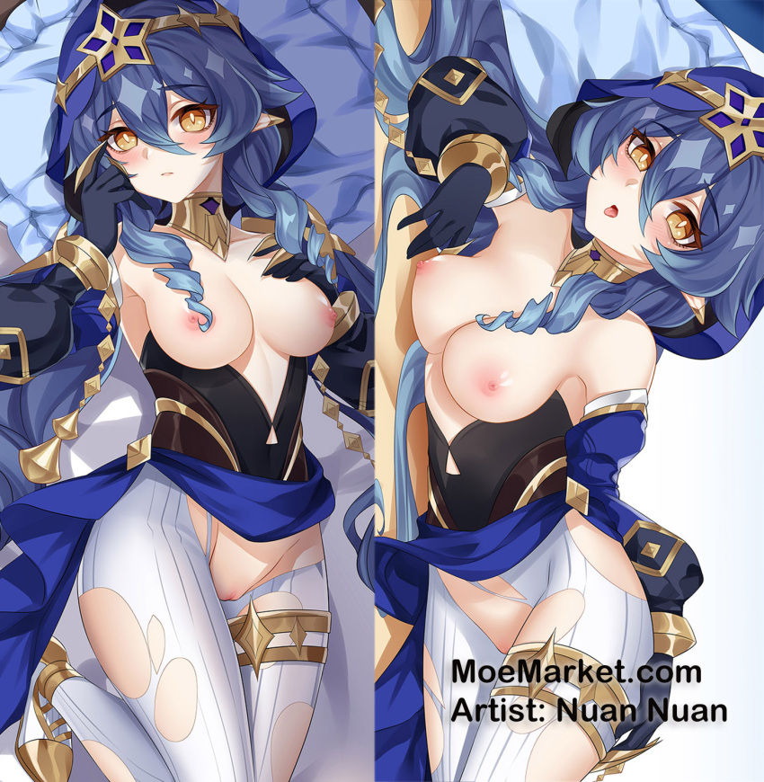 blue_hair blue_hood breasts claw_ring dakimakura_(medium) genshin_impact gold_choker highres large_breasts layla_(genshin_impact) nipples nuan_nuan_(moemarket) pants pointy_ears white_pants