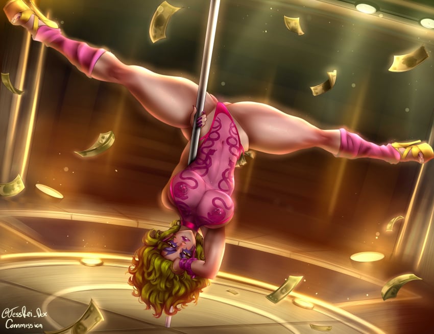 bodysuit long_hair looking_at_viewer makeup money ophiuchus_shaina saint_seiya see-through see-through_clothing solo solo_female splits stripper_pole tessreidex throwing_money upside-down