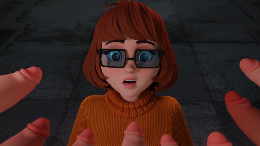 1girls 3d blender brown_hair female glasses looking_at_penis medium_hair multiple_penises open_mouth penis penis_awe redmoa scooby-doo surrounded_by_penises sweater tagme velma_dinkley