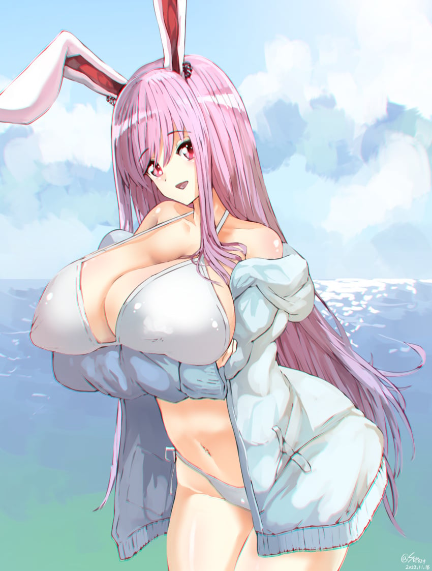 1girls beach bikini bunny_ears bunny_girl large_breasts long_hair purple_hair reisen_udongein_inaba solo sunnysideup sunyup_(artist) swimsuit tagme touhou