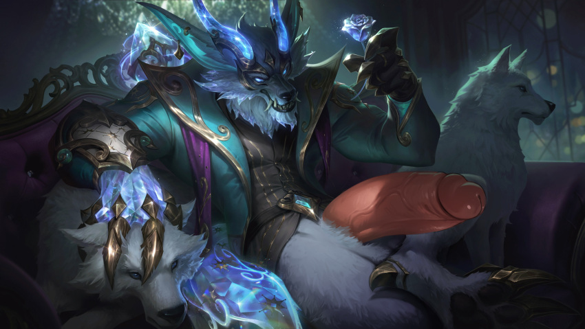 absurd_res anthro art_edit big_penis bottomless bottomless_male canid canine canis clothed clothing crystal crystal_horn flower genitals hi_res huge_cock hyper hyper_genitalia hyper_penis league_of_legends male mammal pandarita penis plant prestige_skin pseudo_horn riot_games rose_(flower) solo video_games warwick winterblessed_series winterblessed_warwick_prestige_edition wolf