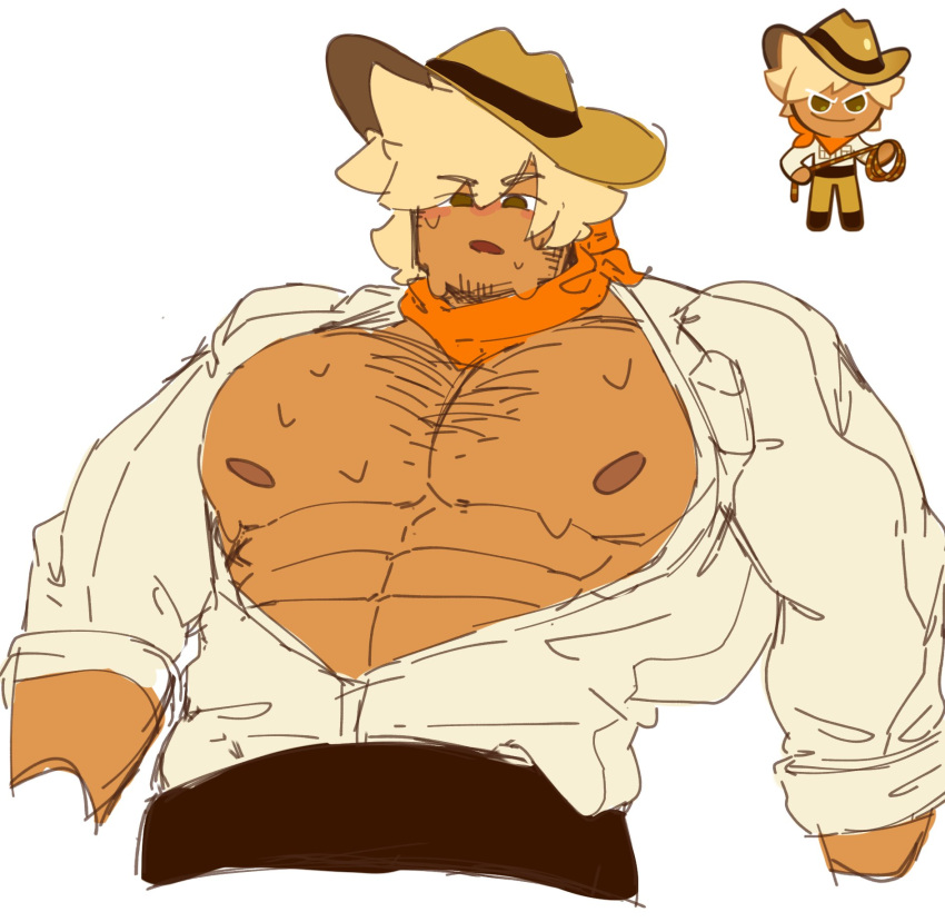 abs adventurer_cookie amber_(artist) bara big_muscles big_pecs chest_hair cookie_run cookie_run_kingdom cookie_run_ovenbreak himbo moobs muscular muscular_male open_clothes open_shirt pants pecs stubble sugarovin_(artist) sweat sweating sweaty sweaty_body sweaty_chest sweaty_face