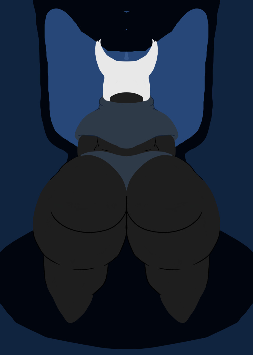 ambiguous_gender anthro arthropod ass big_butt black_body blue_background cloak clothing digital_drawing_(artwork) digital_media_(artwork) hi_res hollow_knight insects lineless nauiho rear_view scenery simple_background solo team_cherry thick_thighs thong underwear vessel_(species) video_games voove