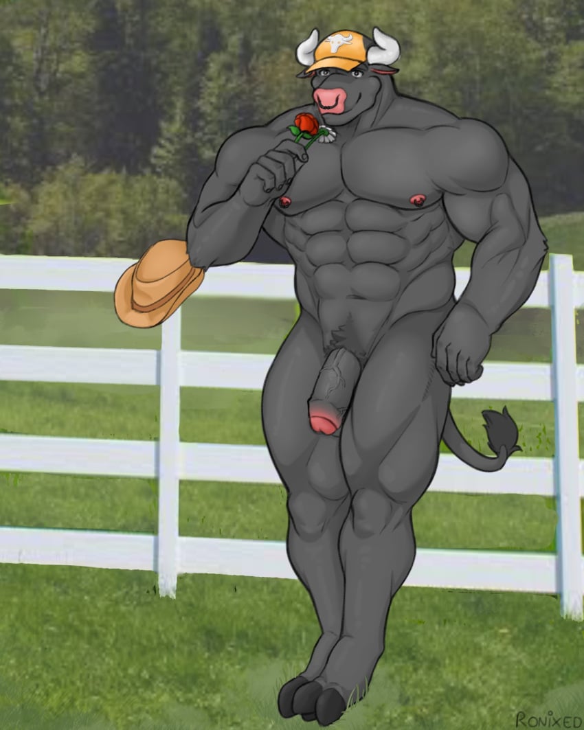 4:5 abs anthro biceps big_penis bovid bovine cattle clothing cowboy_hat facial_piercing fence flaccid flower foreskin genitals grass hat hat_only headgear headgear_only headwear headwear_only hi_res hooves horn leaning leaning_back leaning_on_fence male mammal mostly_nude muscular muscular_arms muscular_legs navel nipple_piercing nipples nose_piercing nose_ring nude outside pecs penis picket_fence piercing plant pubes ring_piercing ronixed rose_(flower) smelling_flower smile solo tree triceps vein veiny_penis