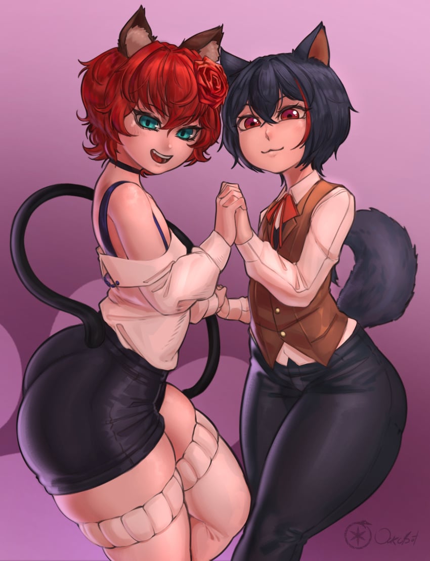 2boys aqua_eyes ass big_ass cat_ears cat_tail dog_ears eye_contact femboy fully_clothed gingersid hand_holding humanoid looking_at_viewer male male_only merrydawg ourobot red_eyes red_hair sen_(gingersid) short_hair shorts tail thick_thighs tight_fit virtual_youtuber vtuber