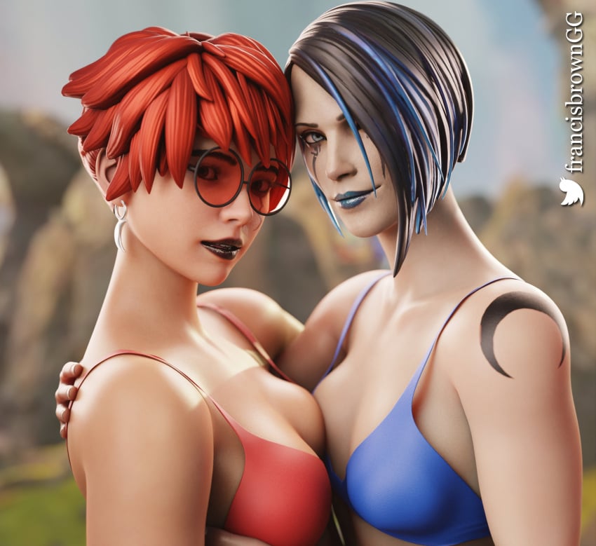 2girls 3d apex_legends black_lipstick blue_bra blue_eyes blue_hair blue_lipstick bra catalyst_(apex_legends) earrings eyewear female_only francis_brown glasses margo_(apex_legends) medium_breasts red-tinted_eyewear red_bra red_hair redhead small_breasts sunglasses tagme tattoo tinted_eyewear