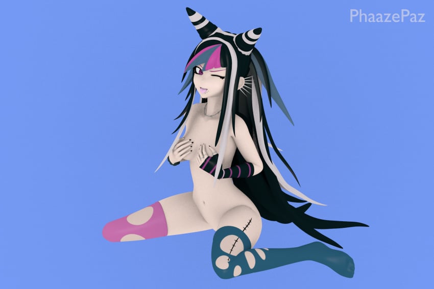 3d breasts completely_nude completely_nude_female covering_breasts danganronpa danganronpa_2:_goodbye_despair female_only mioda_ibuki phaazepaz small_breasts straight_hair super_danganronpa_2 thighhighs thighhighs_only thighs