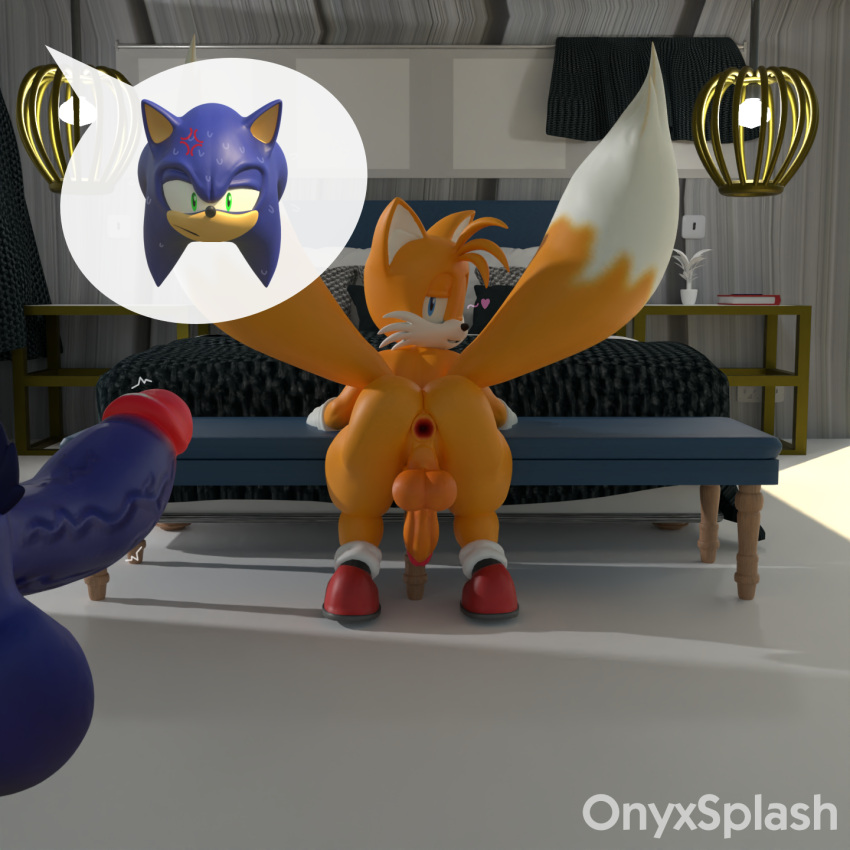 1:1 2boys 3d 3d_(artwork) angry anus ass balls bed bedroom bedroom_eyes big_balls big_penis blue_eyes blue_penis bodily_fluids canid canine cross-popping_vein duo eulipotyphlan feminine_tails fox fuckboy furniture gay genitals heart hedgehog hi_res huge_balls male male/male mammal narrowed_eyes onyxsplash penis seductive sega sonic_(series) sonic_the_hedgehog sonic_the_hedgehog_(series) sweat tails tails_the_fox yellow_body yellow_penis