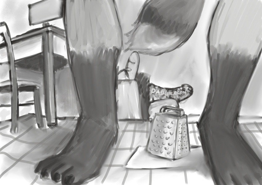 2022 alexyorim chair cheese_grater desk digital_media_(artwork) digital_painting_(artwork) dildo feet furniture furry grocery_bag hi_res lowered_tail male mammal monitor monochrome procyonid raccoon sex_toy solo table