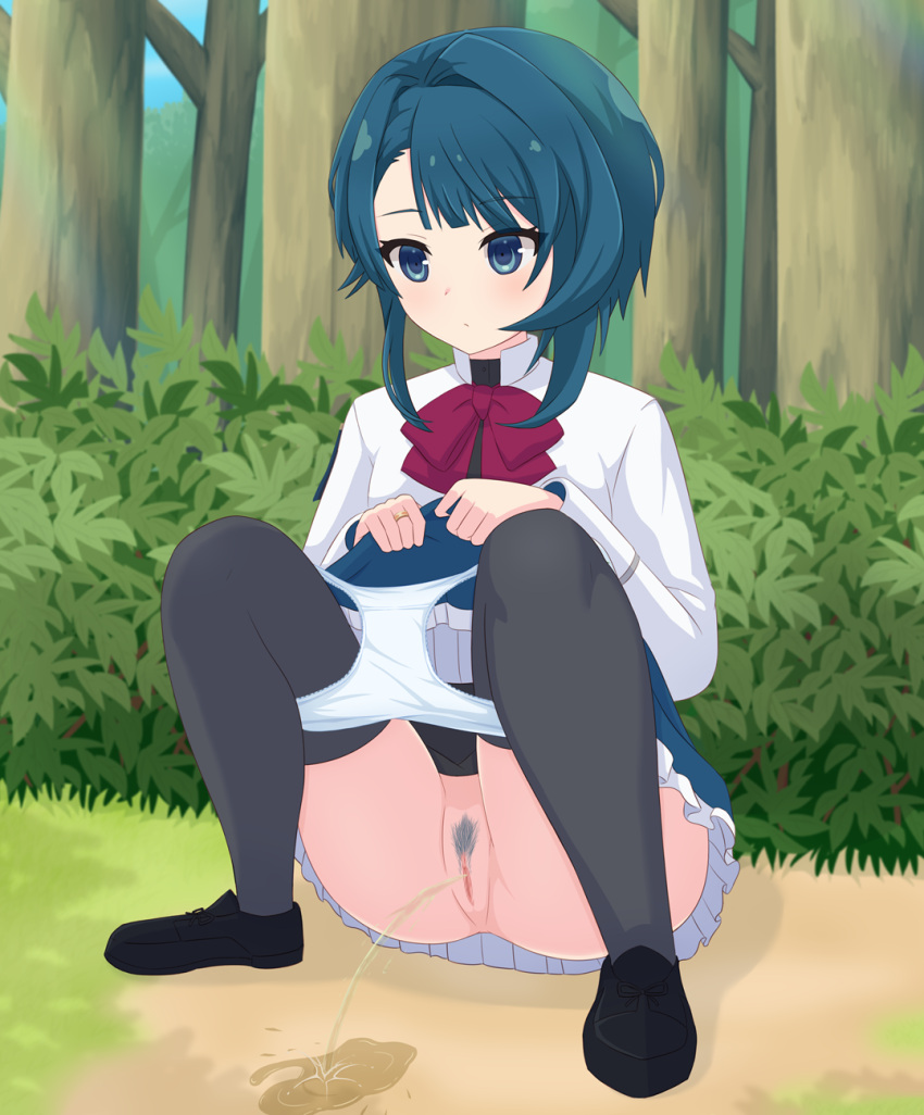 :/ aizawa_kazuha assault_lily asymmetrical_hair bangs black_footwear black_shirt black_socks black_thighhighs blue_eyes blue_hair blue_pubic_hair blue_skirt blunt_bangs bow bowtie bush censored closed_mouth clothes_lift colored_pubic_hair commentary_request day female female_pubic_hair forest frilled_skirt frills full_body hands_up haniwa_(kiminozorazio) herensuge_girls_academy_school_uniform highres jacket jewelry lifted_by_self light_blush long_sleeves looking_away medium_hair miniskirt mosaic_censoring nature outdoors panties panty_pull peeing pubic_hair puddle pussy red_bow red_bowtie ring school_uniform shirt shoes skirt skirt_lift socks solo squatting thigh_socks thighhighs tree underwear upskirt white_jacket white_panties