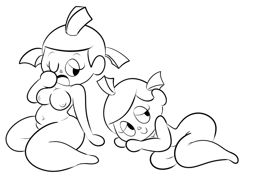 animal_crossing kneeling large_breasts line_art lying monochrome nintendo nude only_player open_mouth smile solofrozen villager_(animal_crossing) wink