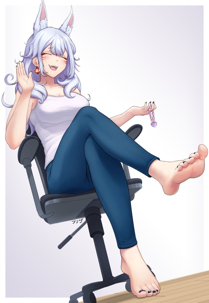 1girls animal_ears barefoot black_nails black_toenails closed_eyes feet foot_fetish foot_focus freezer_(frzr/efreezerarts) light-skinned_female light_skin nijisanji nijisanji_en nina_kosaka simple_background smiling virtual_youtuber watermark waving