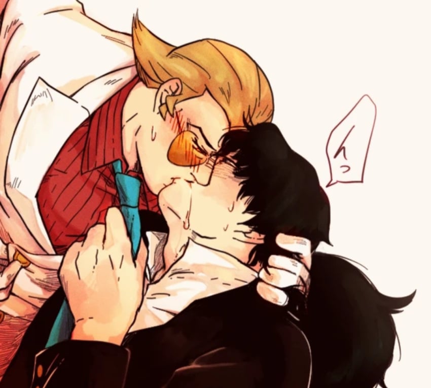 2boys black_hair blush blush_lines blushing bobby_fulbright closed_eyes dressed drooling glasses gyakuten_saiban kissing orange_hair passionate_kiss ponytail short_hair simon_blackquill sweat sweatdrop sweating tie_pull yaoi