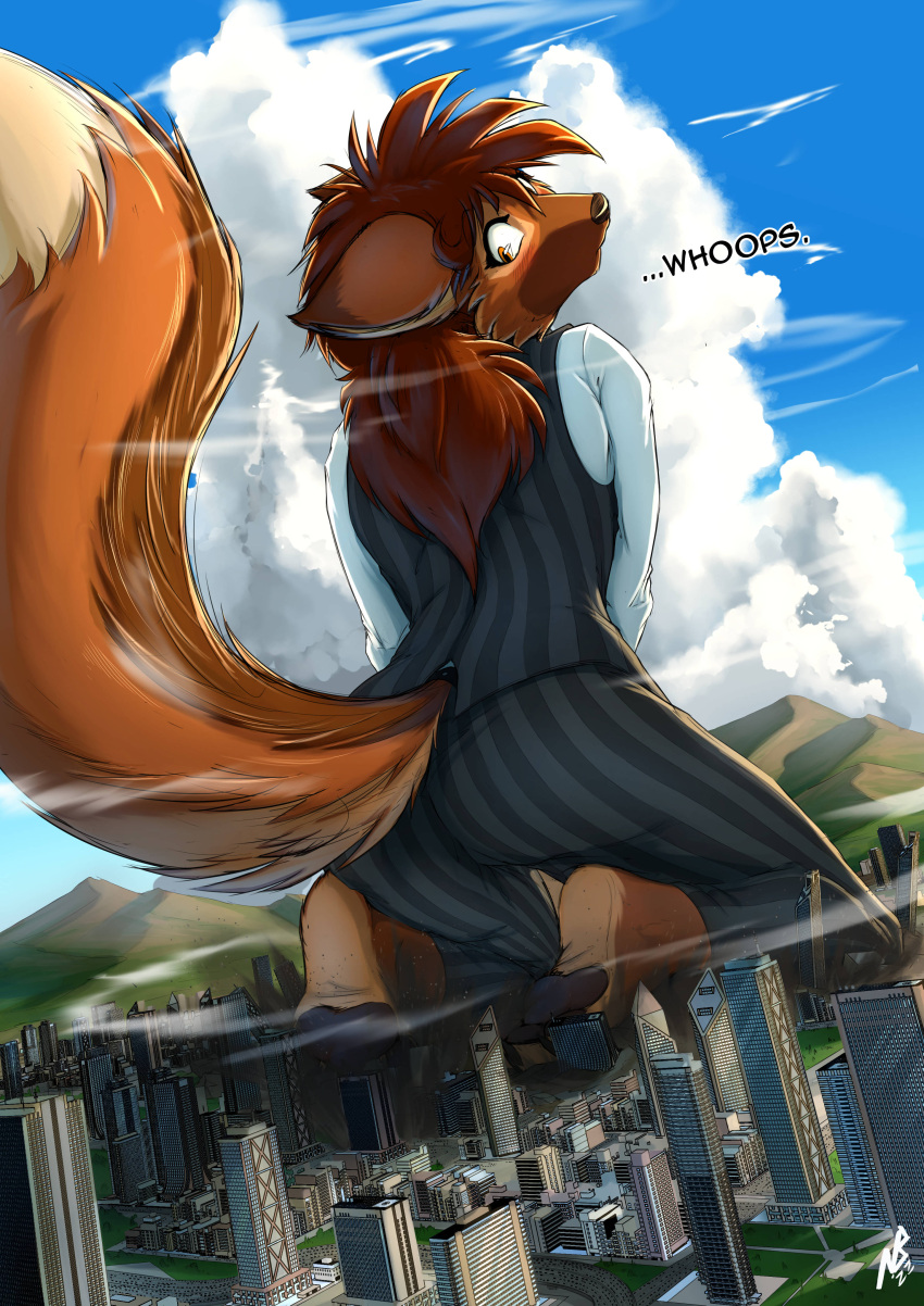 anthro atmospheric_perspective blush brown_fur canine city destruction female fully_clothed leah looking_down macro mammal notbad621 raised_tail yellow_eyes