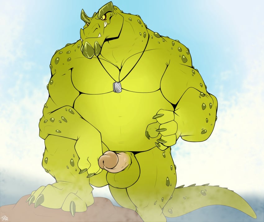 anthro arm_on_knee balls belly biceps crocodile crocodilian crocodylid dog_tags dragondrawer erection fangs genitals hi_res hot_spring jewelry krom_(rimba_racer) male male_only moobs musclegut muscular necklace nude one_leg_up overweight pecs penis raised_leg reptile rimba_racer scales scalie slightly_chubby solo standing steam water yellow_eyes