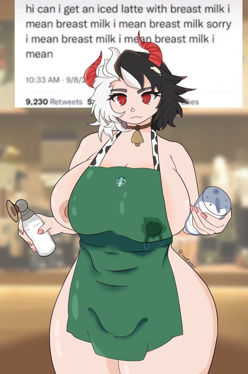 apron apron_only barista bell big_breasts black_hair breast_milking breasts cleavage collar cow cow_bell cow_girl cow_horns cow_print english_text eyebrows eyelashes eyes female green_apron horn horns iced_latte_with_breast_milk lactation lewdcerealart meme milf milk milkshake multicolored_hair nipple_slip nipples nipples_visible_through_clothing red_eyes red_horns sideboob starbucks starbucks_barista text touhou twitter urumi_ushizaki white_hair white_skin