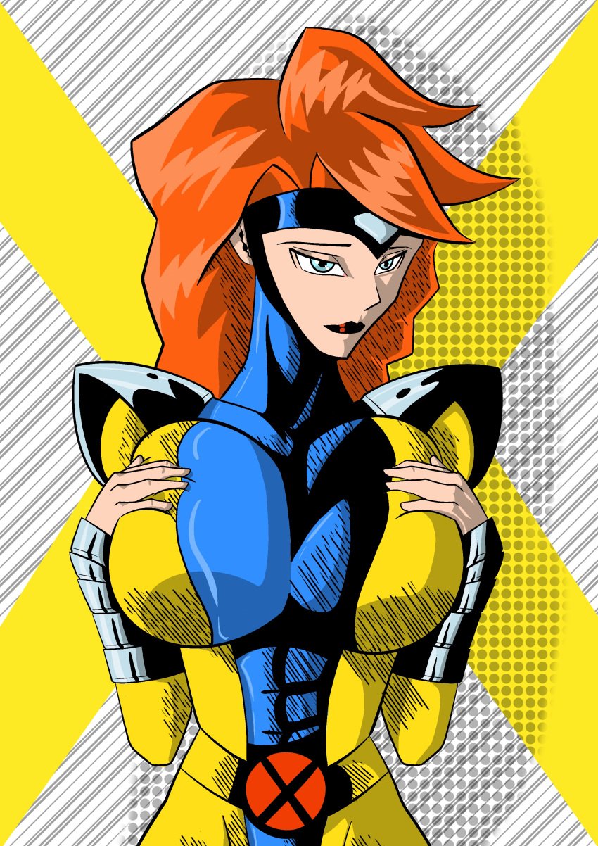 1girls big_breasts blue_eyes bodysuit breast_grab drake95 female female_only fully_clothed jean_grey marvel marvel_comics orange_hair redhead solo x-men