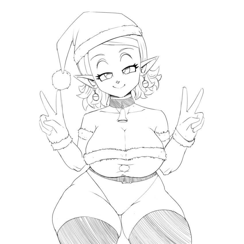 1girls alternate_breast_size bedroom_eyes bell_collar big_breasts christmas chronoa cleavage dragon_ball dragon_ball_xenoverse kappa_spark leggings peace_sign santa_costume santa_hat shortstack solo thick_thighs