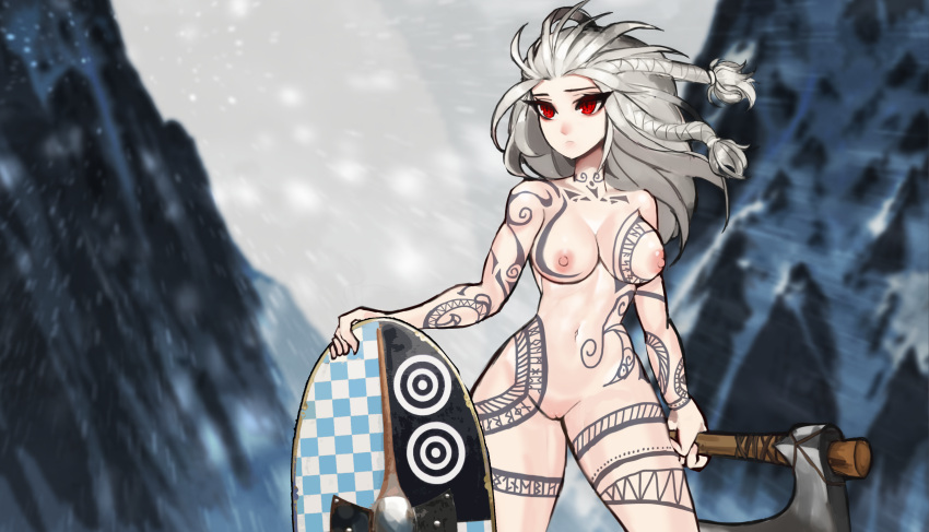 1girls athletic_female axe big_breasts curvy cws512 long_hair nordic red_eyes runes runes_on_skin shield tagme tattoo tattoos white_hair