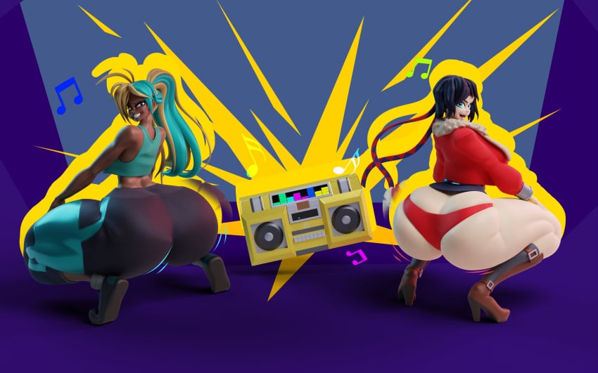 2girls 3d ass ass_cleavage ass_shake big_ass black_hair boots bottom_heavy bouncing_ass bubble_butt butt_crack carol_(carro3dsculpts) carro3dsculpts clothing crop_top cropped_jacket dark-skinned_female dark_skin fat_ass female female_only gold_boombox_(prevence) headband huge_ass jacket joanna_(lupus_albion) large_ass light-skinned_female light_skin looking_at_viewer looking_back motion_blur pants shoes shorts smile thick_ass thick_thighs thunder_thighs twerking two_tone_hair wide_hips yoga_pants