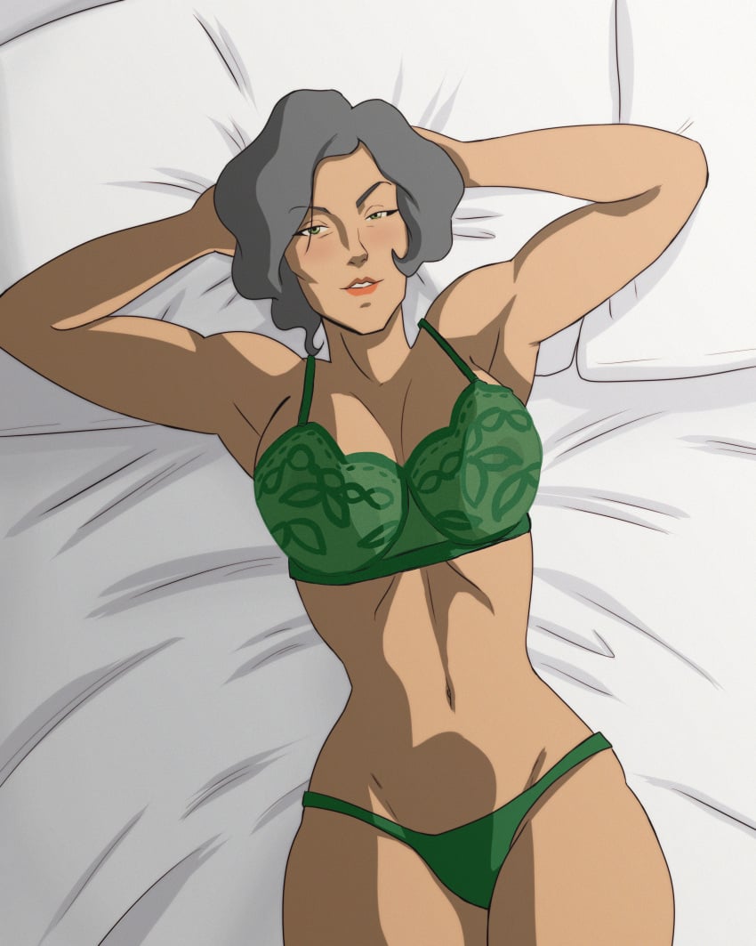 1girls abdomen armpit armpits arms_behind_head athletic_female avatar_the_last_airbender bags_under_eyes bed belly_button big_breasts blush bob_cut bra breasts cheekbones commission_art commissioner_upload covered_nipples covering_breasts curly_hair dark-skinned_female dark_skin earth_kingdom earthbender exposed_body feet_out_of_frame female female_only green_eyes green_panties green_underwear grey_eyebrows grey_hair hourglass_figure looking_at_viewer looking_up loose_hair matriarch metalbender milf mother nickelodeon older_female panties pillow pillows salvamakoto seductive_look seductive_smile sheets short_hair skinny small_breasts solo solo_female squinted_eyes suyin_bei_fong the_legend_of_korra toned_female view_from_below viewer_perspective white_sheets zaofu