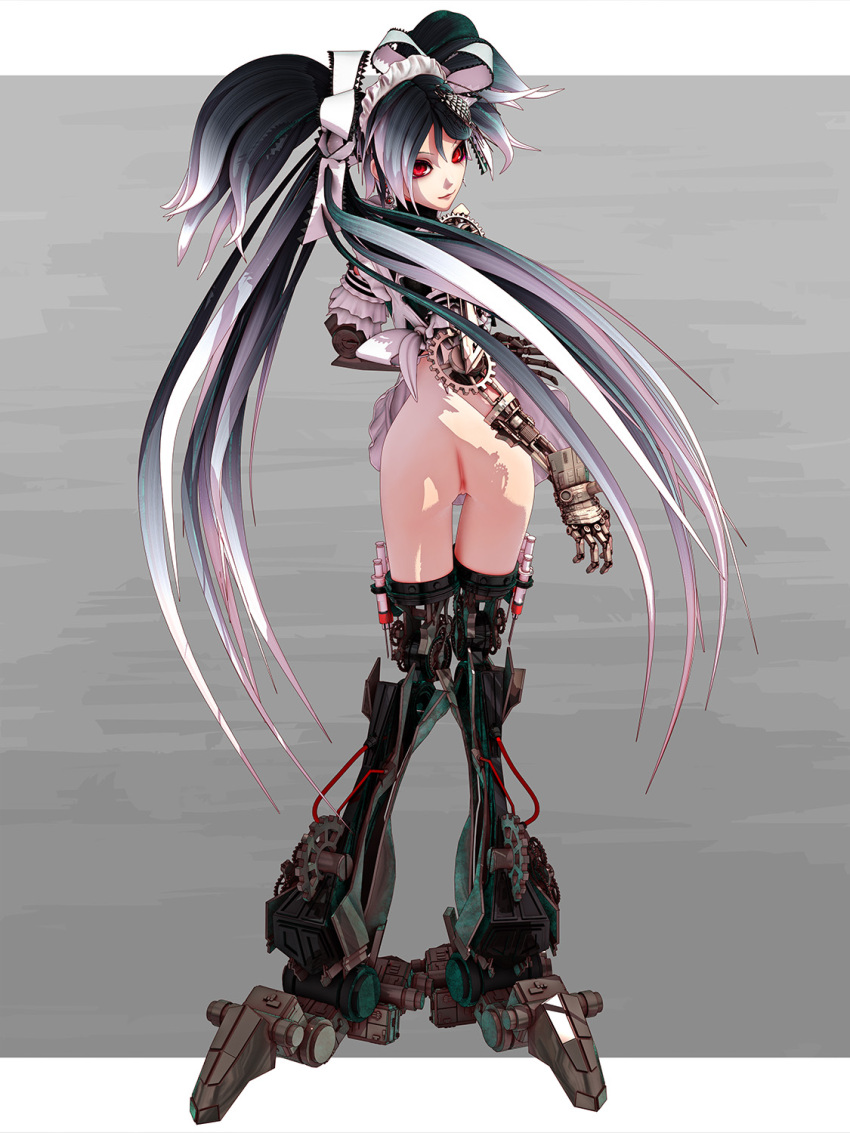 ass bottomless calne_ca cyborg deino_(artist) maeda_koutarou maid_uniform pussy pussy_visible_through_thighs red_eyes robot_arms robot_legs thigh_gap uncensored