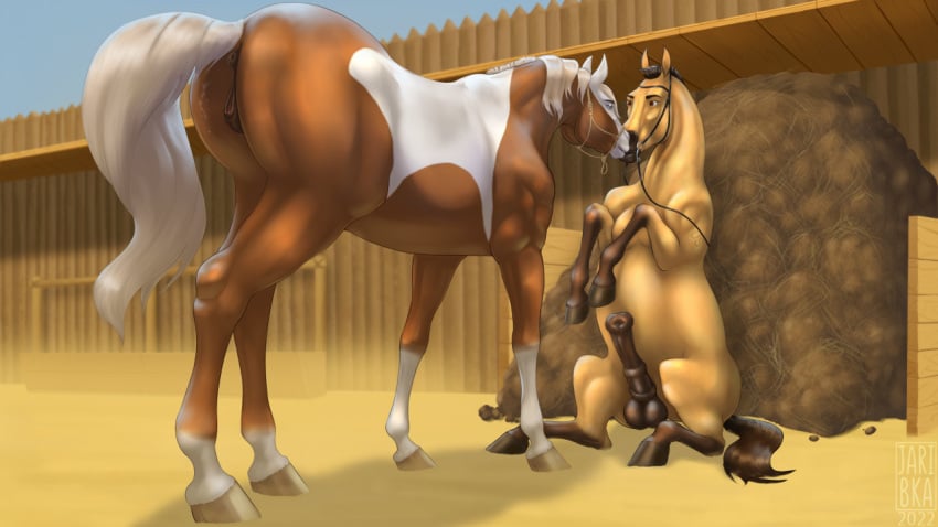 2022 american_paint_horse anatomically_correct anatomically_correct_genitalia anatomically_correct_penis animal_genitalia animal_penis animal_pussy anus balls brown_anus brown_pussy dreamworks duo equid equine equine_penis equine_pussy erection female feral genitals hair halter hooves horse jaribka male mammal manure outside penis pussy rain_(cimarron) scat spirit:_stallion_of_the_cimarron spirit_(cimarron)