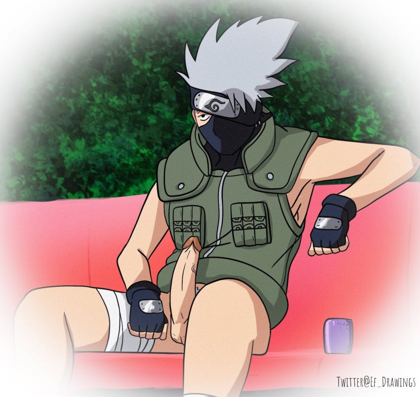 1boy ef_drawings fingerless_gloves grey_hair hatake_kakashi male male_only masked_male naruto penis