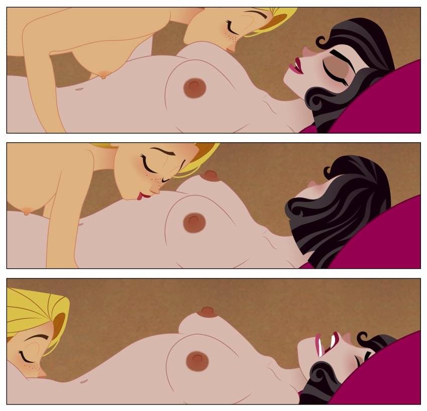 2girls bedroom black_hair blonde_hair cassandra_(tangled) closed_eyes comic cunnilingus disney disney_channel disney_princess kissing kissing_body kissing_breasts long_hair mehefin013 multiple_girls nipples nude_female passionate rapunzel side_view tangled tangled:_the_series yuri