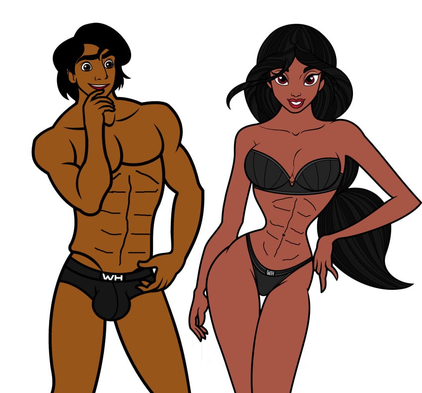 1boy 1girls abs aladdin aladdin_(character) alluring athletic_female athletic_male bikini black_bikini black_hair black_speedo breasts canon_couple disney disney_prince disney_princess female female_abs fit_female fit_male husband_and_wife long_hair long_hair_female medium_hair navel ponytail princess_jasmine shirtless shirtless_male speedo strapless_bikini swimsuit_only swimwear_only wolffhunter_art