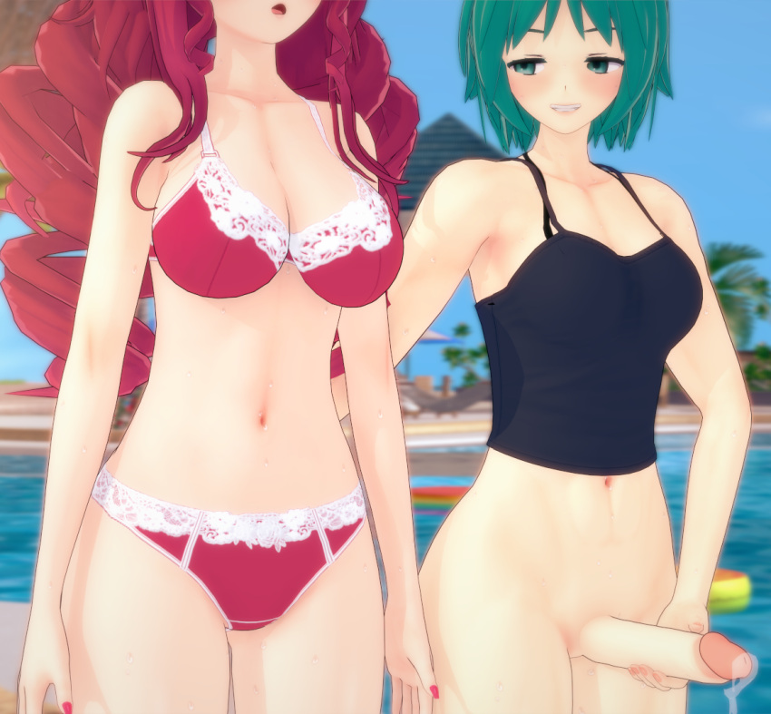 1futa 1girls 3d ass_grab bikini blush bottomless bra futa futanari gritted_teeth holding_penis human koikatsu large_penis long_hair looking_down open_mouth panties pool precum red_hair sei_asagiri spiritofrei stella_hoshii surprised teal_hair underwear va-11_hall-a