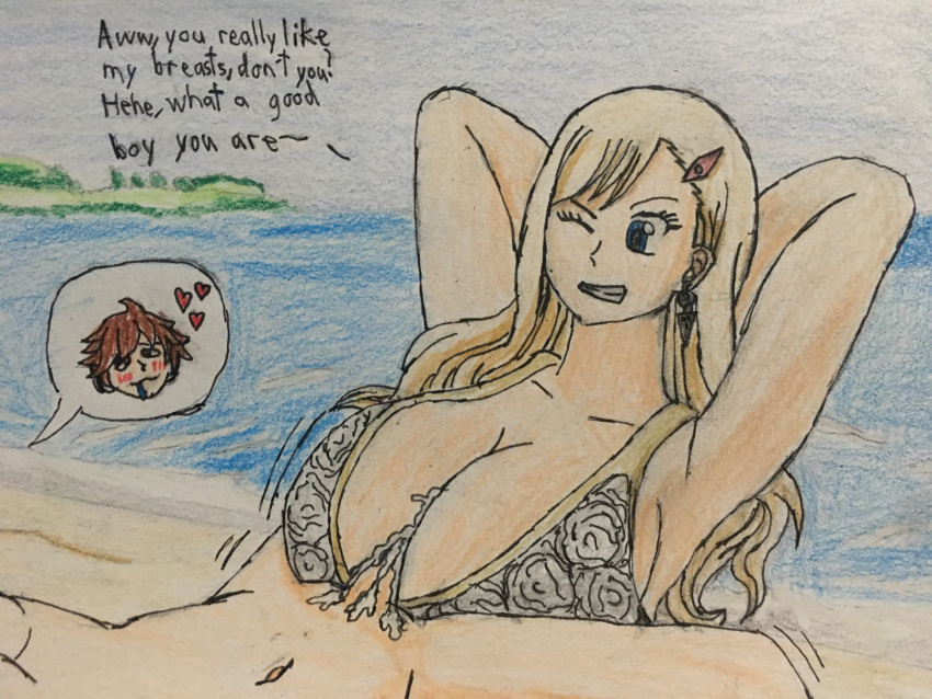 1boy 1girls alternate_breast_size beach between_breasts big_breasts breasts color colored cum cum_between_breasts cum_in_breasts cum_on_breasts dommy_mommy drooling edens_zero ejaculating_cum ejaculation ejaculation_between_breasts elf_orc_lunaire english_text female femdom flirting hands-free hands-free_paizuri hands_behind_head happy_sex huge_breasts island kulve_taroth_(armor) large_breasts monster_hunter monster_hunter_world ocean orgasm paizuri paizuri_lead_by_female paizuri_under_clothes perpendicular_paizuri playful pleasure_face rebecca_bluegarden seductive seductive_smile smile straight tagme text traditional_media_(artwork) unyon_(original_character)