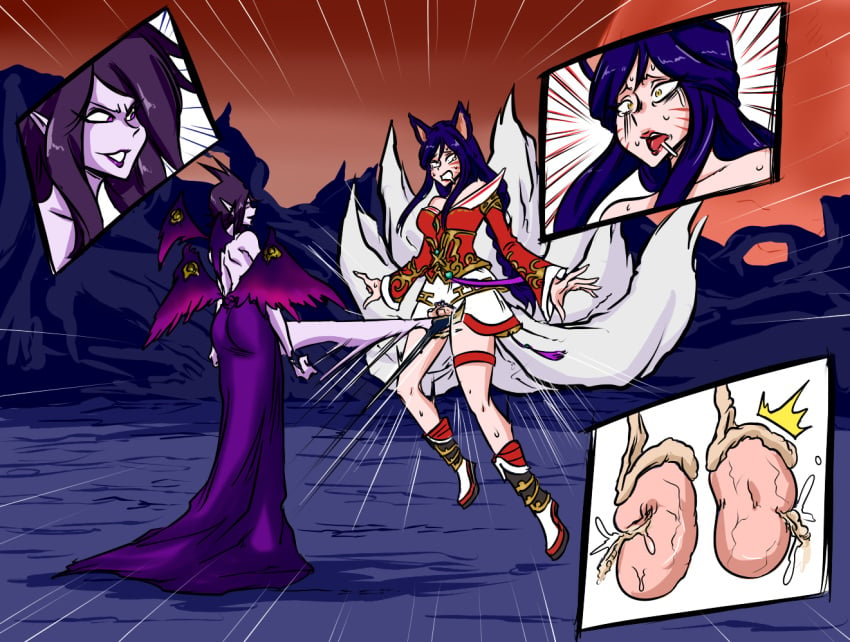 1futa 1girls ahri animal_ears ballbusting bottomless castration clothed clothing cock_and_ball_torture duo female fox_ears fox_tail fully_clothed futanari high_heels humanoid kemonomimi kick_in_the_balls kick_in_the_nuts kick_in_the_testicles kicking kicking_balls league_of_legends light-skinned_futanari light_skin morgana ocigart pained_expression ruptured_testicle tears tears_of_pain winged_humanoid wings