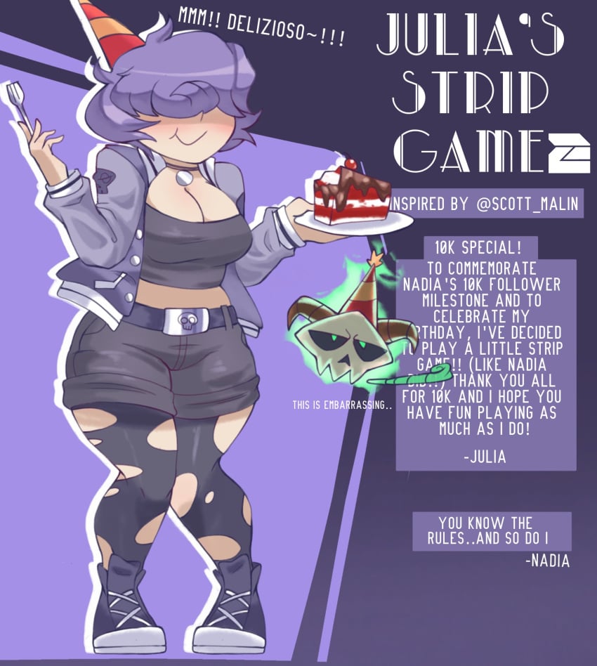 1girls big_breasts breasts cake chubby cleavage clothed clothing eating female female_only fully_clothed hair_over_eyes human julia_(nadia_toxinz) light-skinned_female light_skin nadia_toxinz purple_hair solo standing strip_game