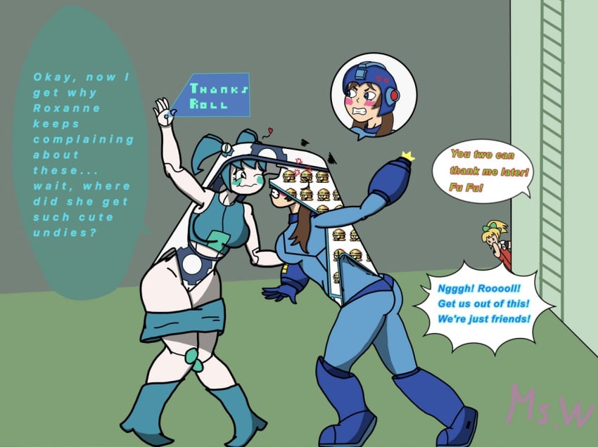 2girls atomic_wedgie black_eyes blaster_arm blue_clothing blue_eyes blue_hair blush briefs brown_hair double_wedgie female_only green_blue_background helmet humanoid_robot jenny_wakeman mega_man mega_man(classic) mswedgie123 my_life_as_a_teenage_robot no_sex panties panties_pull_over_head robot_girl roll rule_63 skirt_around_legs text text_bubble wedgie white_skin yuri