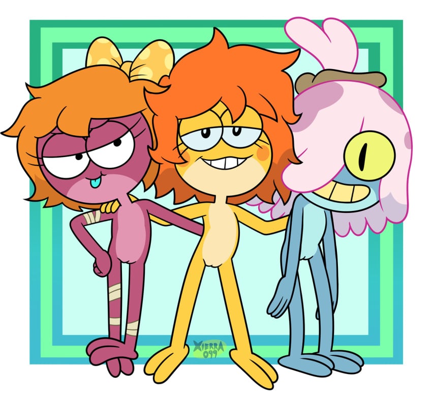 3girls amphibia amphibian anthro anthro_only bandages blonde_hair blue_skin bow_on_head frog frog_girl frog_humanoid frogs ivy_sundew maddie_flour multiple_girls naked naked_female nude nude_female one_eye_covered orange_hair polly_plantar purple_hair purple_skin straight_hair tongue_out transparent_background two_toes xierra099