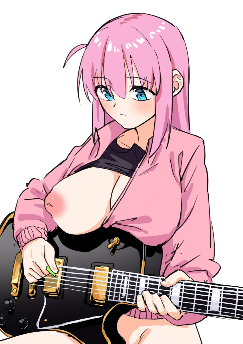 1girls areolae blue_hair blush bocchi_the_rock! breasts breasts_out female female_only gotou_hitori guitar guitar_pick holding holding_object instrument inverted_nipples large_breasts long_hair nipples one_breast_out open_jacket pink_hair pink_jacket playing_guitar solo solo_female track_jacket