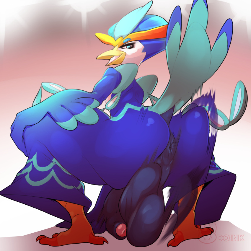 absurd_res anthro anus ass avian balls big_butt blue_body blue_eyes blue_feathers doink_monster feathers foreskin genitals hi_res male nintendo penis pokémon_(species) pokemon pokemon_sv quaquaval shaking_butt solo talons video_games