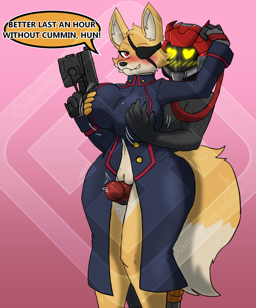 absurd_res anthro armor big_breasts blush bottomless breast_grab breast_play breasts canid canine clothed clothing coat coat_only cybernetics cyborg demon dg25_zeke_(diamondgrenadier) diamond_grenadier dominant dominant_anthro dominant_female duo eye_patch eyewear female fox genitals gloves gun hand_on_breast handgun handwear headgear headgear_only helmet helmet_only hi_res humanoid leash machine male male/female mammal motion_lines nicole_flynn_(bigppfox1) partially_clothed penis pistol pussy ranged_weapon sex thick_thighs thigh_sex topwear topwear_only weapon