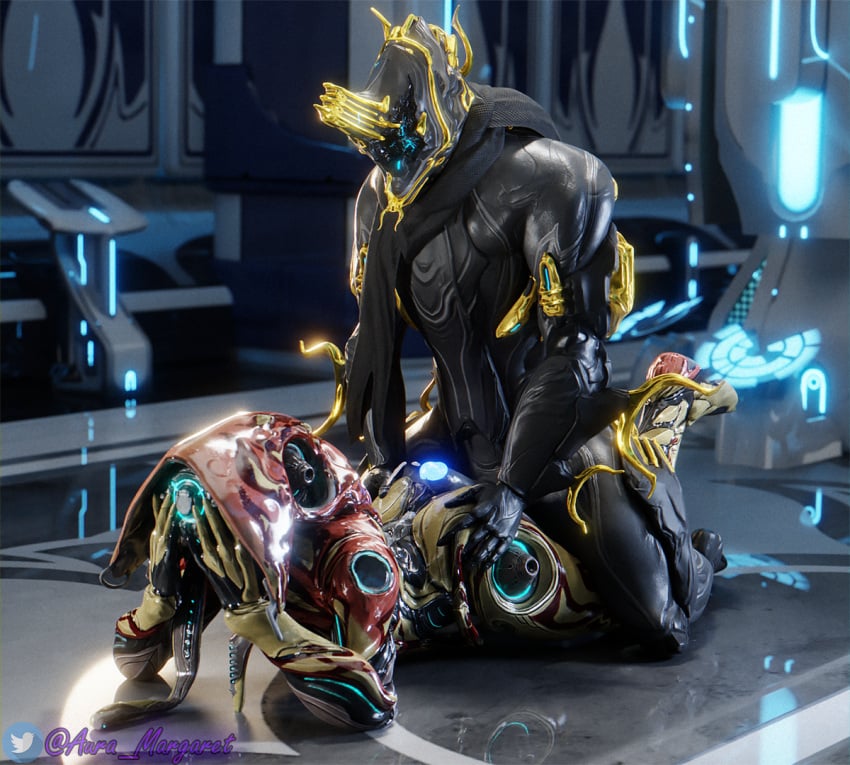 1boy 1boy1girl 1girls armor ass auramargaret buttjob excalibur_(warframe) excalibur_umbra_(warframe) glowing helmet imminent_sex ivara_(warframe) lying penis tagme warframe