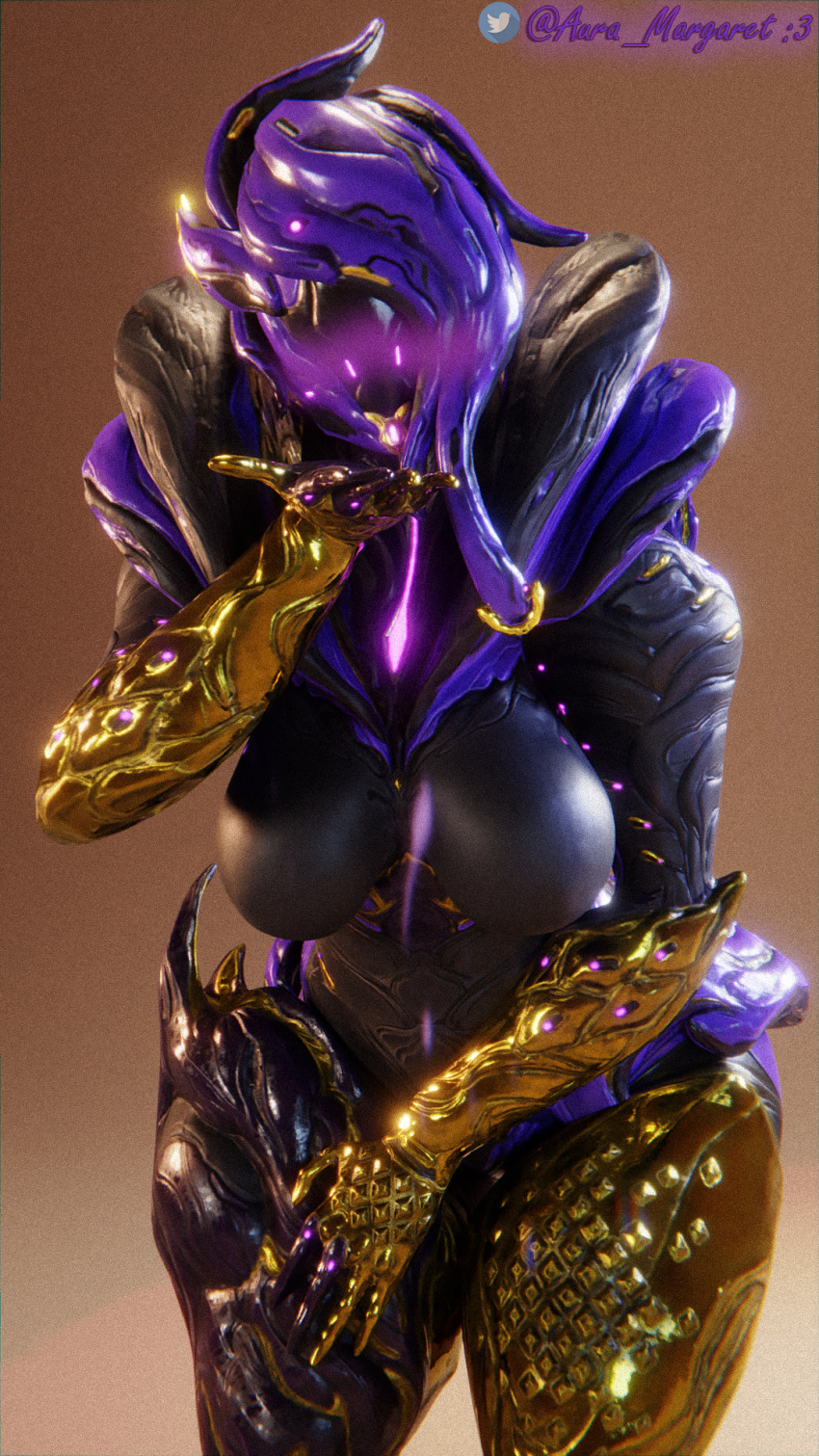 1girls 3d alien alien_girl armor auramargaret big_breasts blowing_kiss breasts curvy curvy_figure helmet leaning_forward saryn_(warframe) solo solo_female warframe