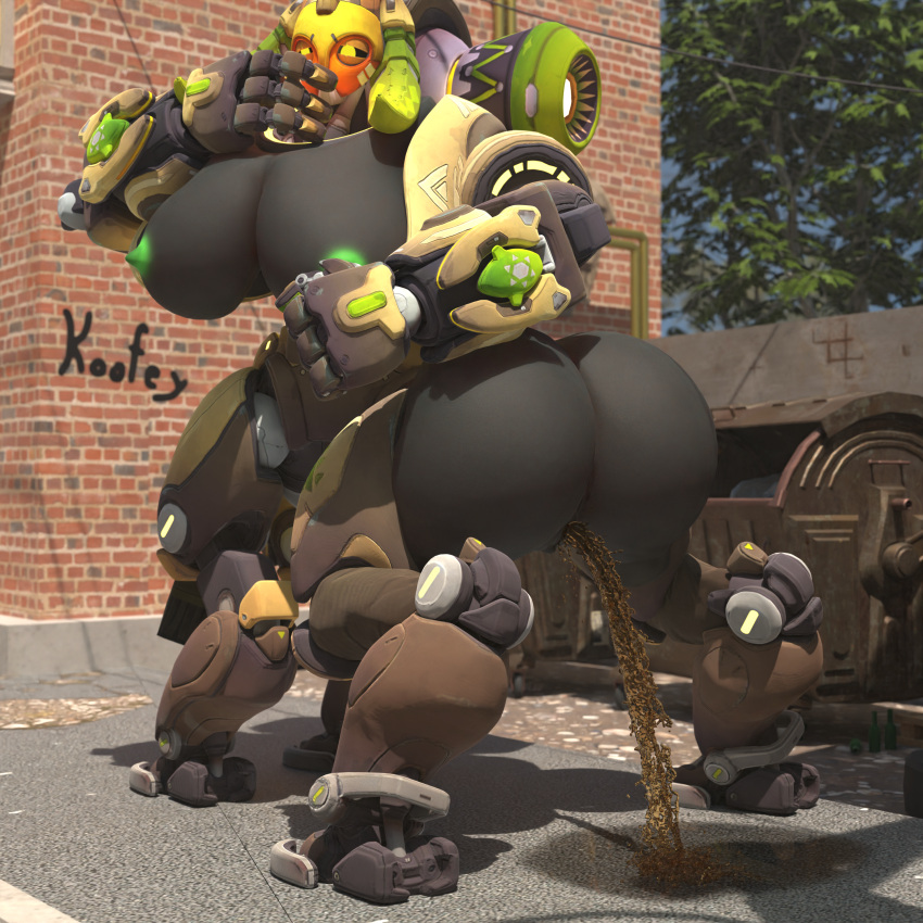 3d absurd_res ass blender_(software) blizzard_entertainment blush bodily_fluids breasts female genital_fluids genitals hi_res koofey machine orisa overwatch peeing plant puddle pussy robot solo street taur trash_can tree urine video_games watersports wet wetting