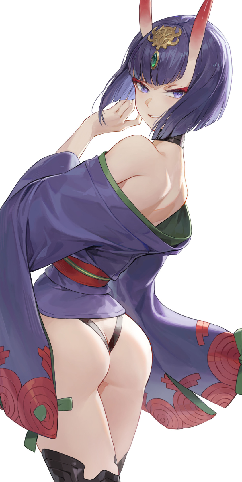 1girls ass ass_focus back back_view bare_shoulders bob_cut choker cotta_(heleif) fate/grand_order fate_(series) female from_behind horns japanese_clothes jewelry kimono light-skinned_female off_shoulder oni oni_horns purple_eyes purple_hair revealing_clothes short_hair shuten_douji_(fate) solo thighhighs thighs