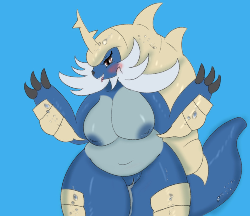 absurd_res animal_humanoid anthro areola bedroom_eyes biped blush bodily_fluids breasts eyelashes female female/female generation_5_pokemon genital_fluids genitals glistening glistening_body hi_res humanoid marine marine_humanoid miyang_draws! narrowed_eyes navel nintendo nipples pokémon_(species) pokemon pokemon_(species) pussy pussy_juice raised_hand samurott seductive simple_background slightly_chubby solo tongue tongue_out video_games water