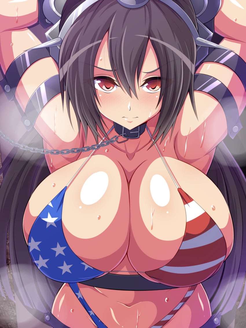 alternate_costume american_flag_bikini aokura_shou arms_tied arms_tied_above_head arms_up bdsm bikini black_hair bondage bound breasts captured chain chain_leash chained chained_up defeat female femsub flag_print hair_between_eyes headgear highres huge_breasts kantai_collection leash long_hair nagato_(kantai_collection) navel red_eyes solo submissive submissive_female sweat swimsuit worried worried_expression worried_face worried_look