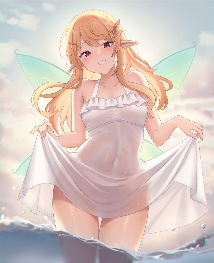 1girls aura_(aurapls) bare_shoulders belly_button blonde_hair dress dress_lift exposed_shoulders fairy fairy_wings hair_ornament hairclip hi_res highres light-skinned_female light_skin looking_at_viewer medium_breasts navel nijisanji nijisanji_en pointy_ears pomu_rainpuff red_eyes smile solo submerged_legs sundress sunlight_from_behind thighs virtual_youtuber water wet wet_clothes wings yellow_hair