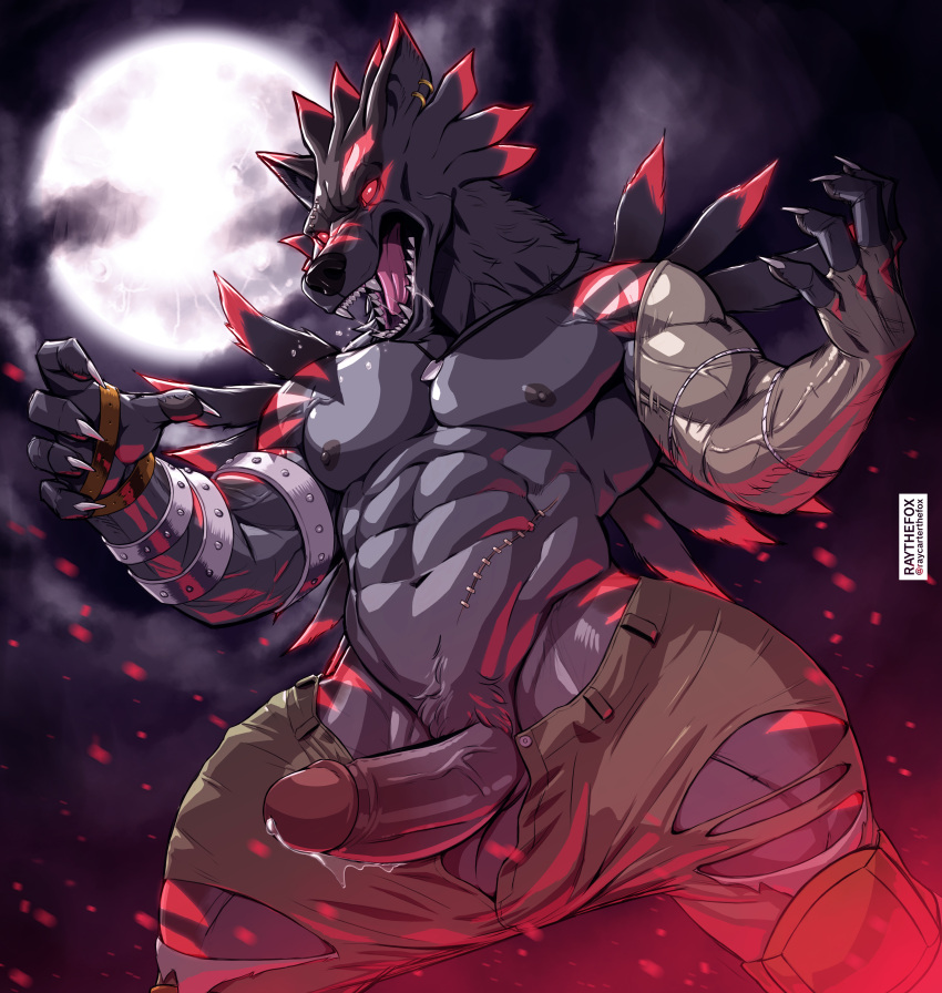 abs absurd_res anthro bandai_namco big_pecs biped canid canine canis claws clothing digimon digimon_(species) facial_scar finger_claws flaccid fur genitals gloves grey_body grey_fur handwear hi_res humanoid_genitalia humanoid_penis male male_only mammal muscular muscular_anthro muscular_male pecs penis purple_eyes raythefox scar shadowweregarurumon solo were werecanid werecanine weregarurumon werewolf wolf