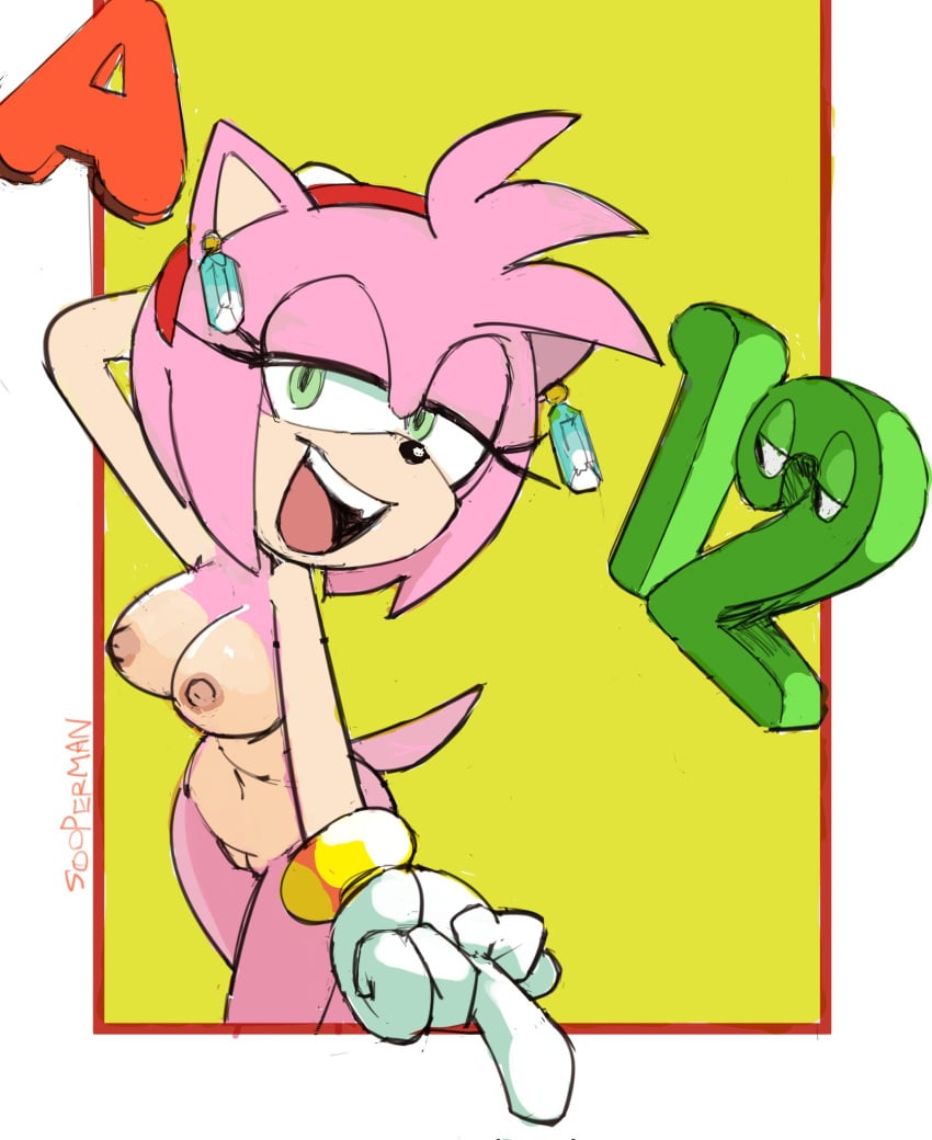 1girls 2022 accessories_only accessory amy_rose anthro areola breasts clothing ear_piercing eulipotyphlan female genitals gesture gloves gloves_only green_eyes hair hair_accessory hairband half-closed_eyes handwear handwear_only hedgehog hi_res looking_at_viewer mammal middle_finger mostly_nude nipples nude_female open_mouth open_smile pink_body pink_hair pussy sega smile solo sonic's_schoolhouse sonic_(series) sooperman suggestive