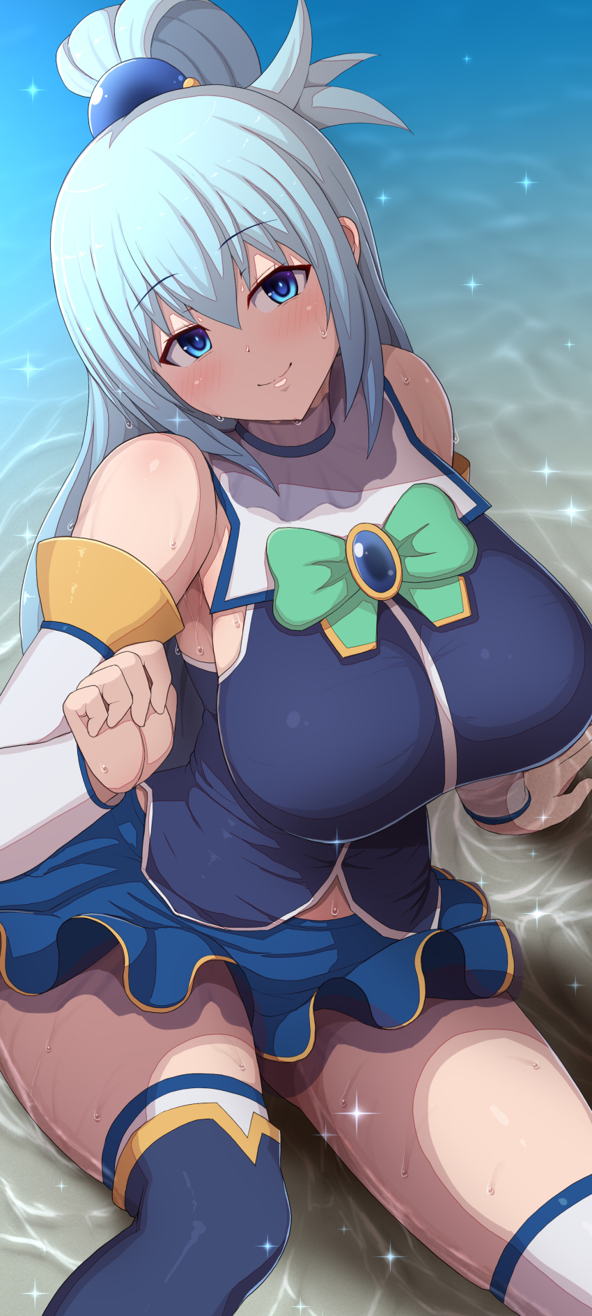 1girls aqua_(konosuba) beach blue_eyes blue_hair breasts clothed clothed_female female female_only hi_res hips huge_breasts kono_subarashii_sekai_ni_shukufuku_wo! light-skinned_female light_skin long_hair looking_at_viewer no_panties outdoors ponpo ponponmaru short_skirt skirt slim_waist smile solo thick_thighs thighs wide_hips