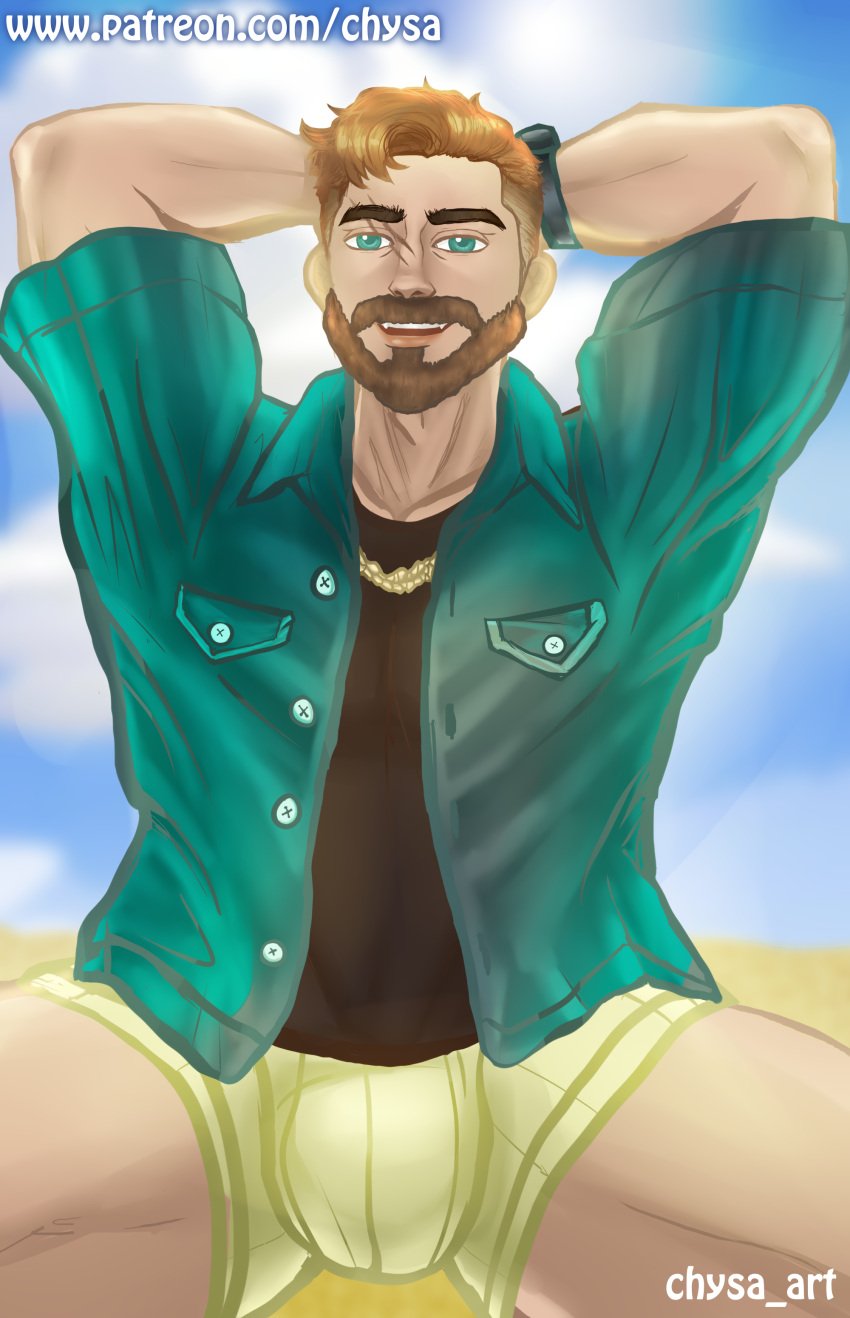 armpits beach beard brown_hair bulge chysa_art coral_island green_eyes male male_only mark_(coral_island) muscles smile solo_male